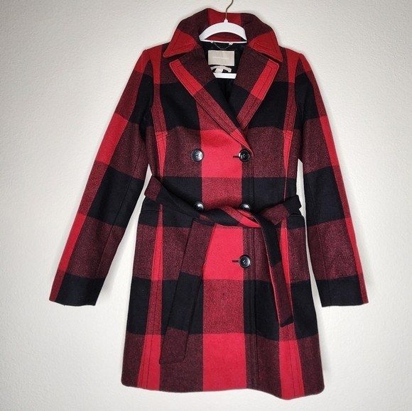 Banana Republic Red Buffalo Plaid Wool Blend Trench Coat XS - Picture 2 of 7